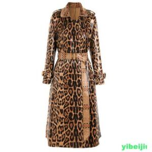 Leopard Print Faux Leather Trench Coat With Belt